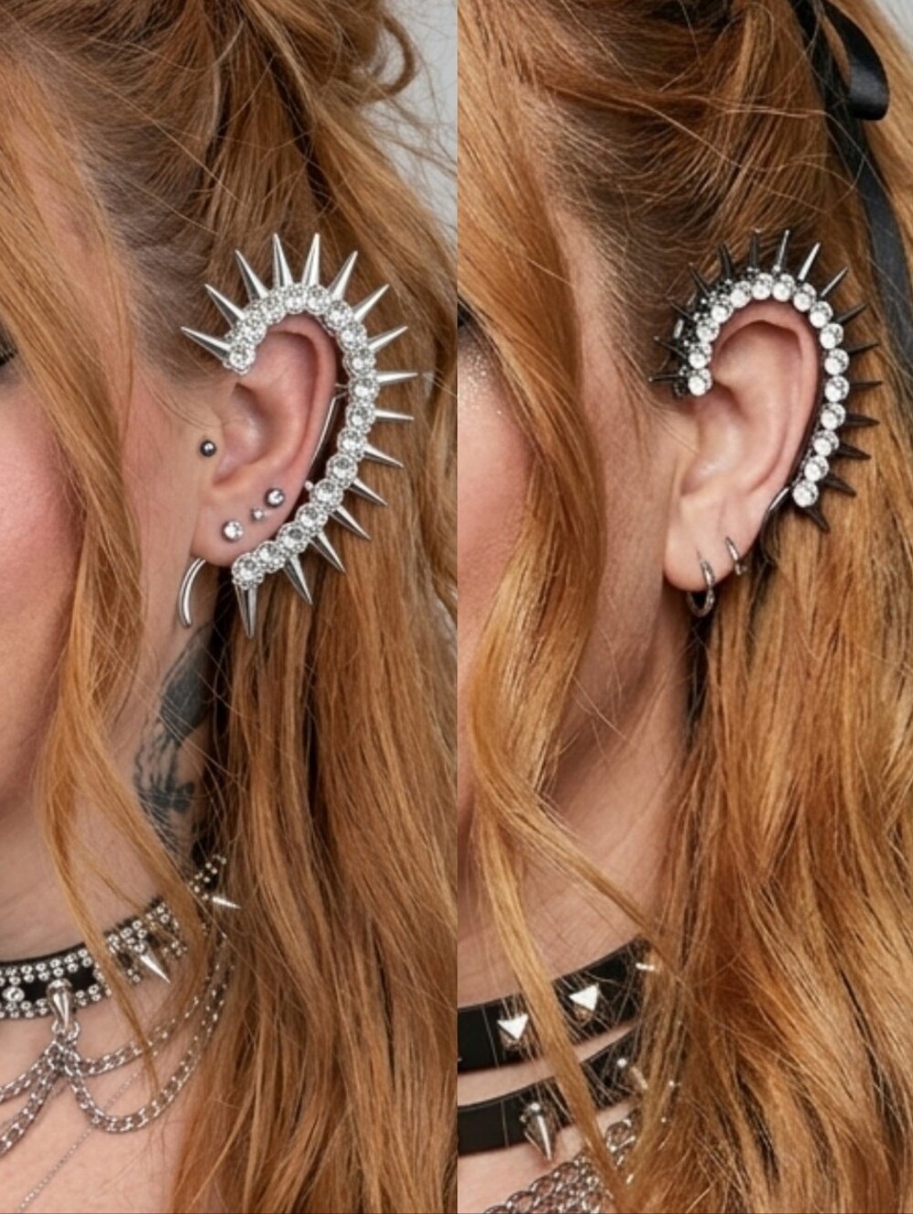 Set of 2 Spiked Rhinestones Ear Cuffs - Black and Silver, Crystals, Alternative